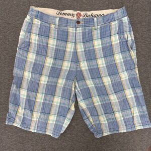 Tommy Bahama Plaid White Blue Shorts Paradise Nation Linen Silk Blend Size 33